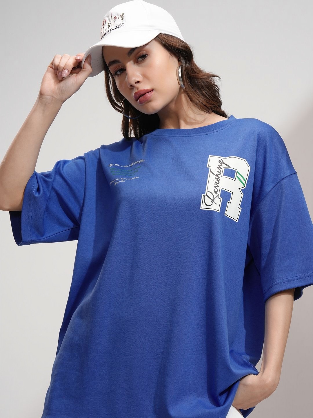 

Tokyo Talkies Women Printed Drop-Shoulder Oversized Tshirt, Blue