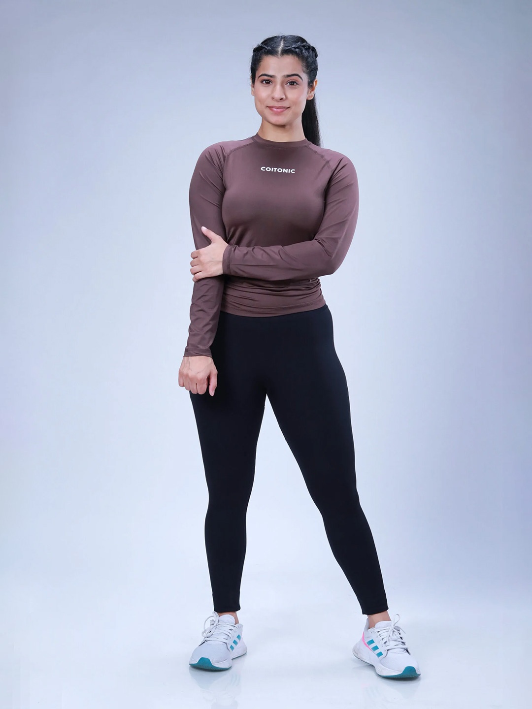 

Coitonic Women Typography Printed Long Sleeves Compression Tshirt, Taupe