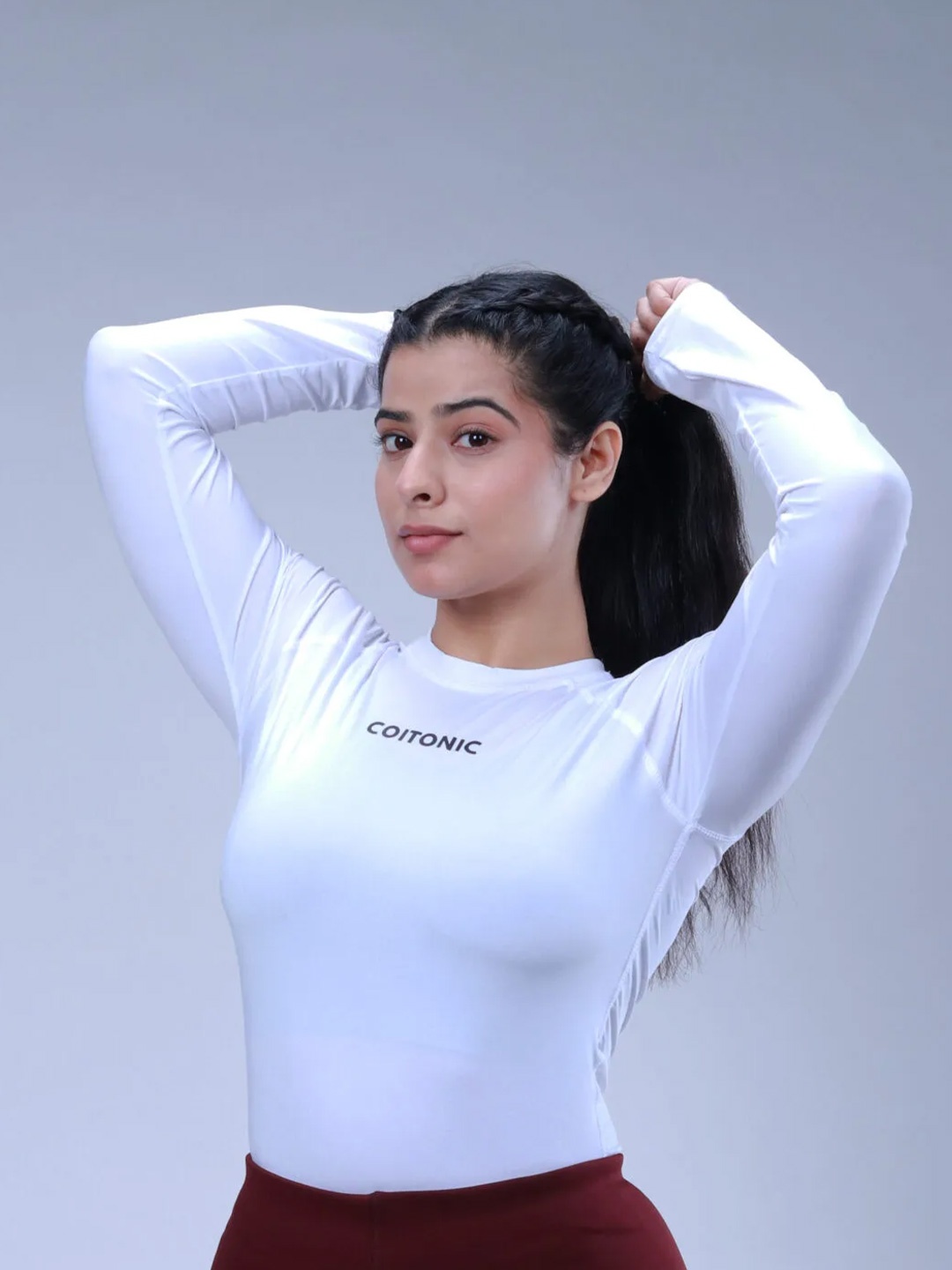 

Coitonic Women Typography Printed Long Sleeves Compression Tshirt, White