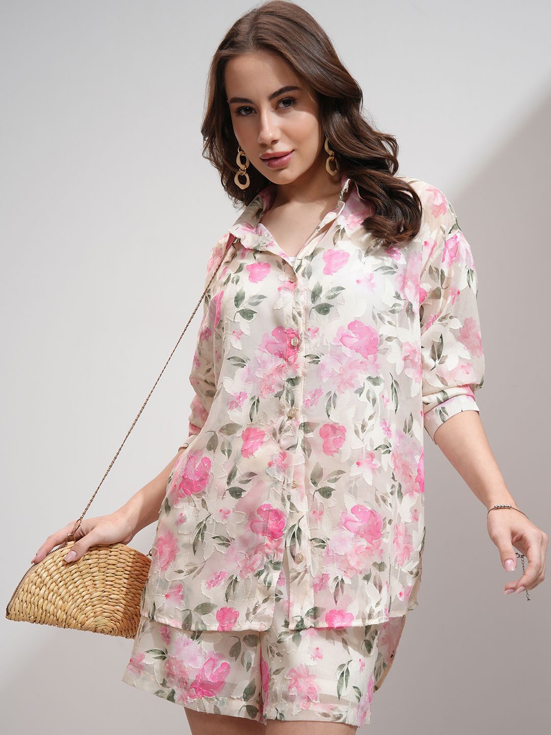 

Tokyo Talkies Women Textured Jacquard Shirt Shorts Co-Ord Set, Cream