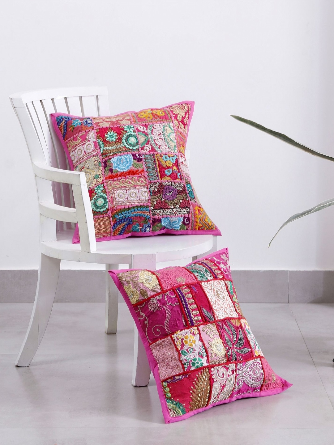 

HANDICRAFT PALACE Pink & Blue 2 Pieces Embroidered Cotton Square Cushion Covers