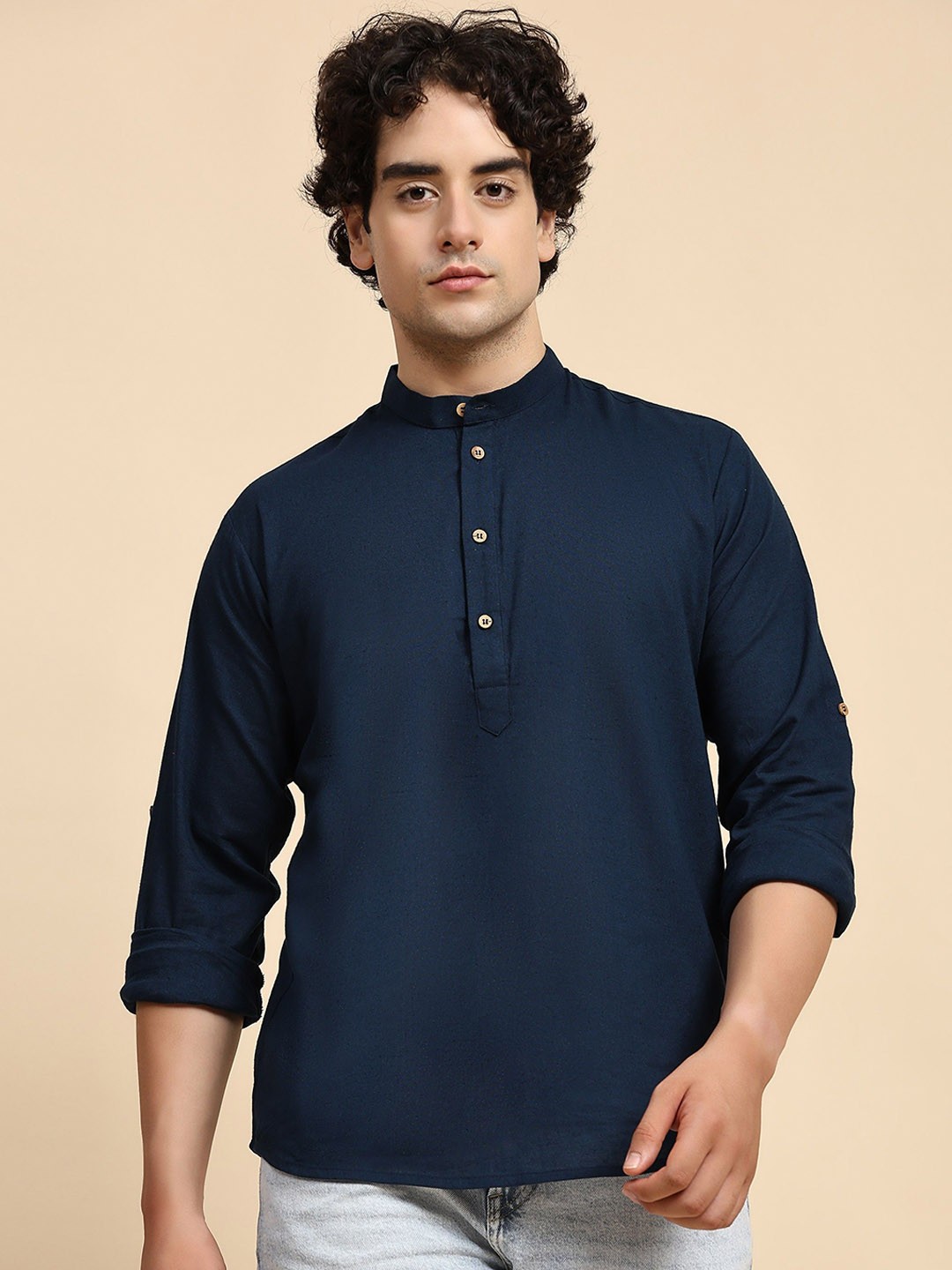 

Moda Rapido Band Collar Cotton Linen Short Kurta, Blue
