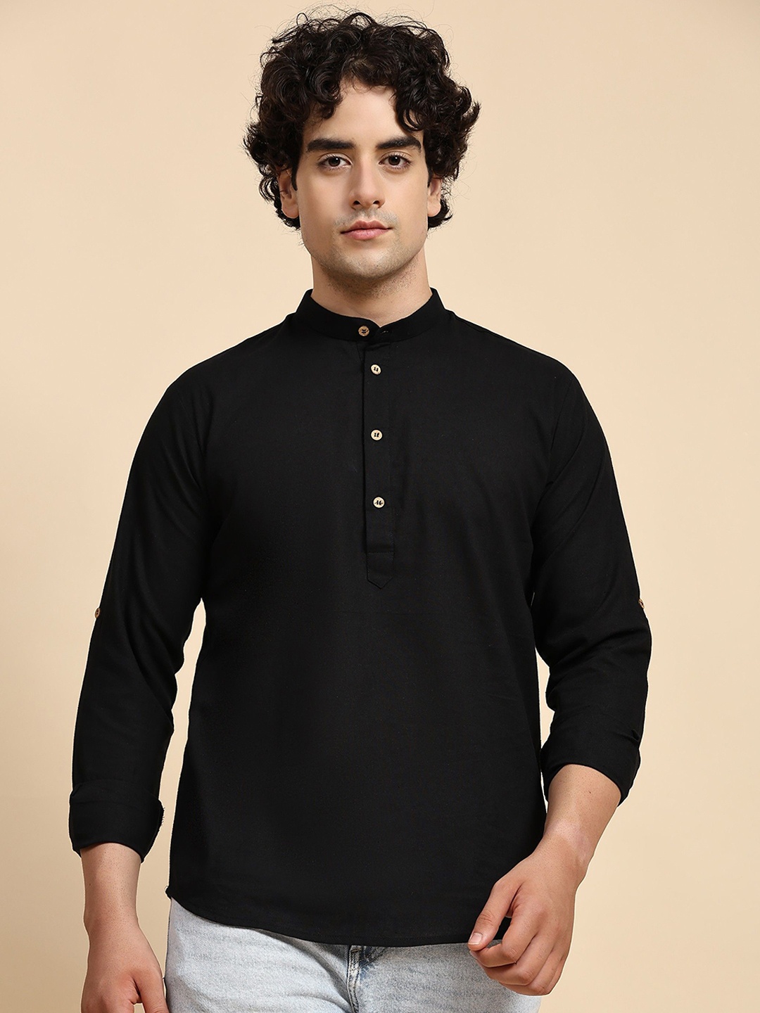 

Moda Rapido Band Collar Cotton Linen Short Kurta, Black