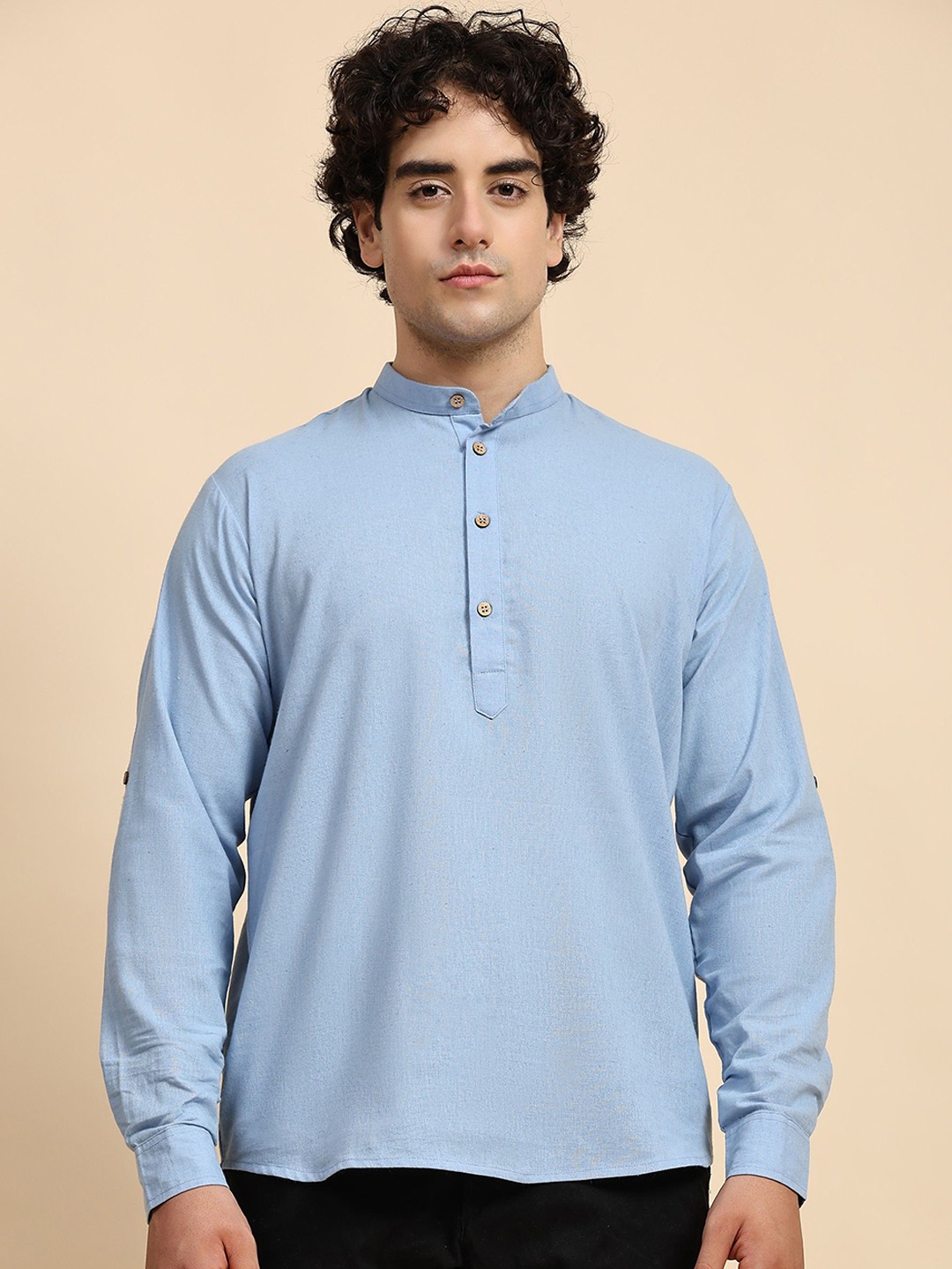

Moda Rapido Linen Mandarin Collar Short Kurta, Blue