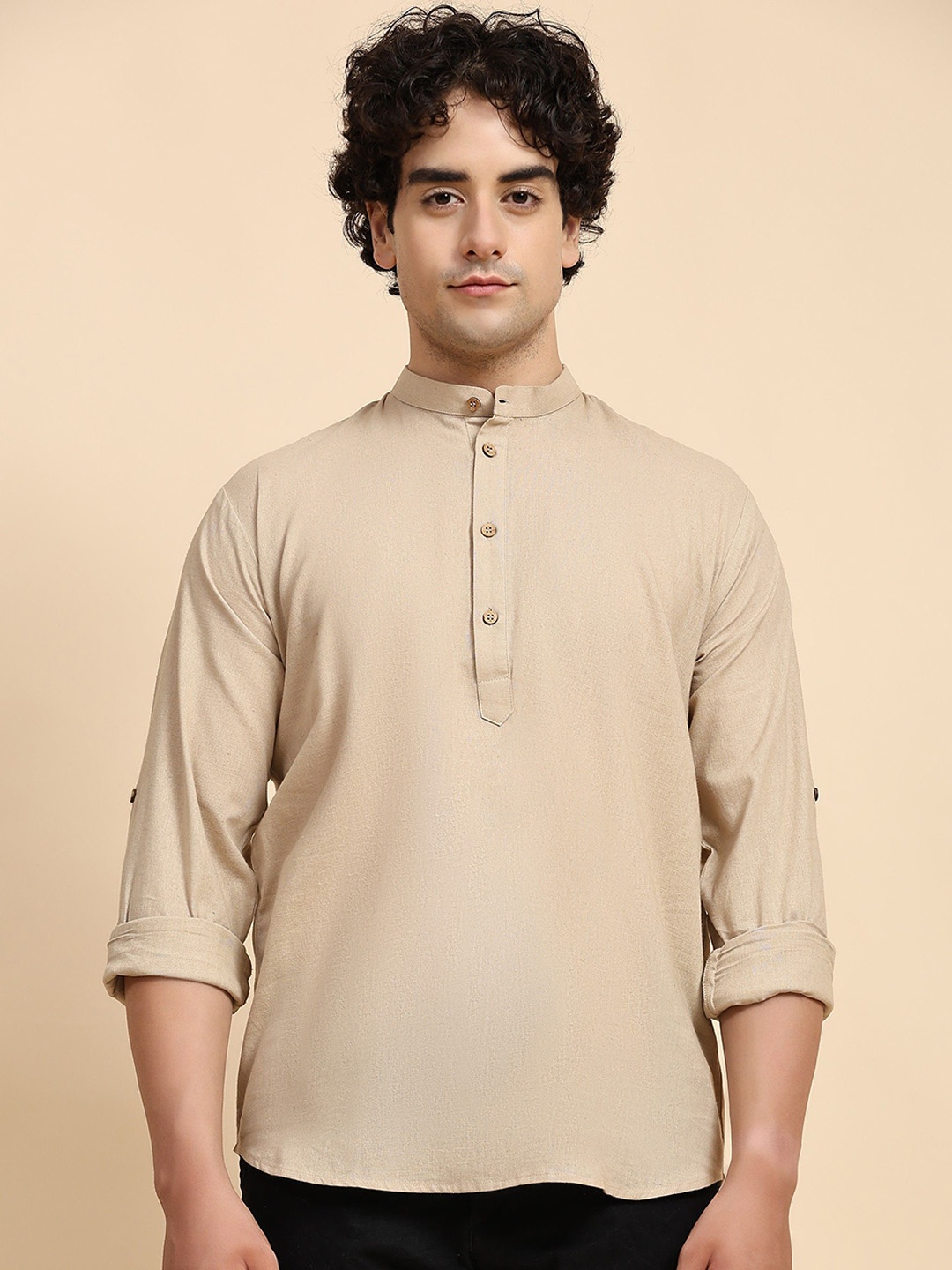 

Moda Rapido Linen Mandarin Collar Short Kurta, Beige