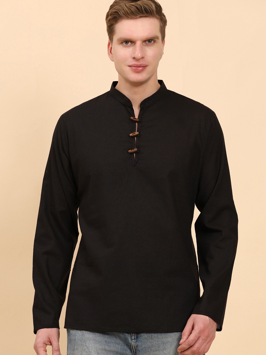 

Moda Rapido Linen Mandarin Collar Short Kurta, Black