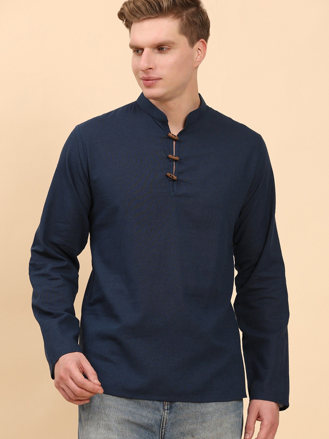 

Moda Rapido Mandarin Collar Cotton Linen Short Kurta, Blue
