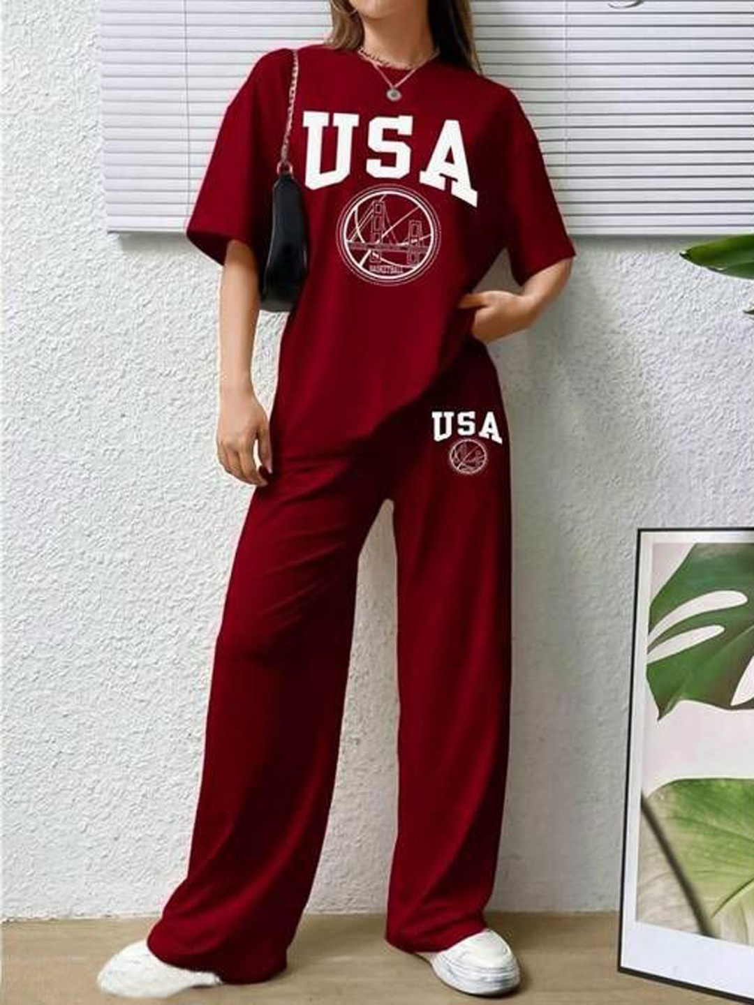 

My Swag Typographic Printed Round Neck T-Shirt With Trousers, Maroon