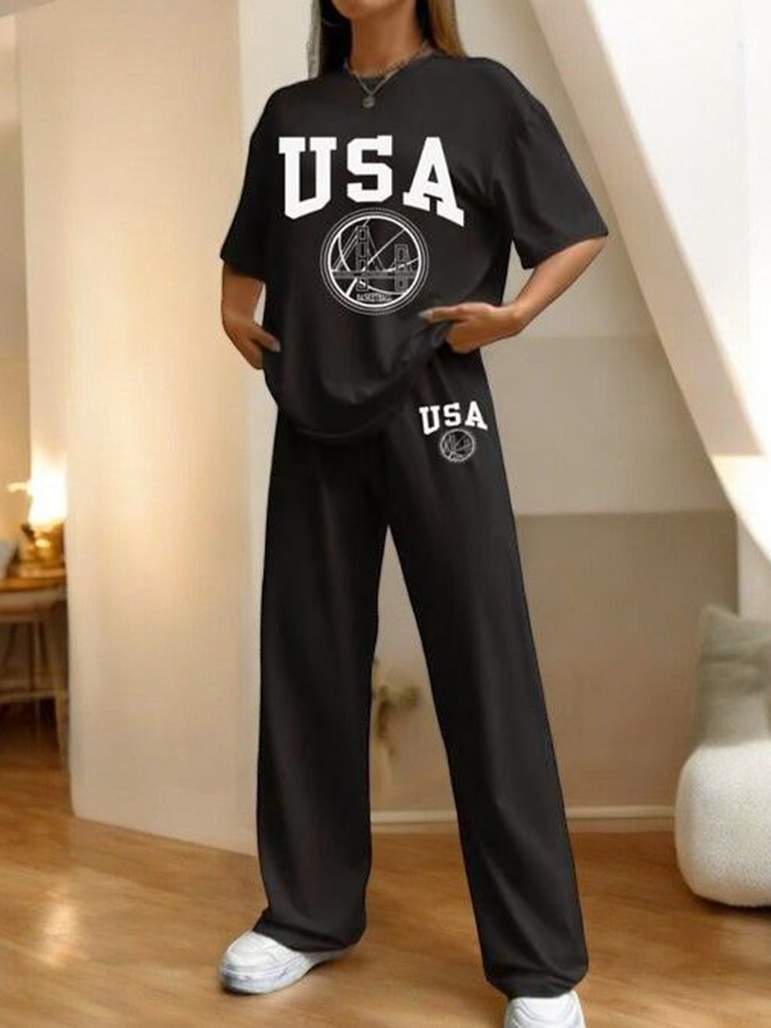 

My Swag Typography Printed Round Neck T-Shirt With Trousers, Black