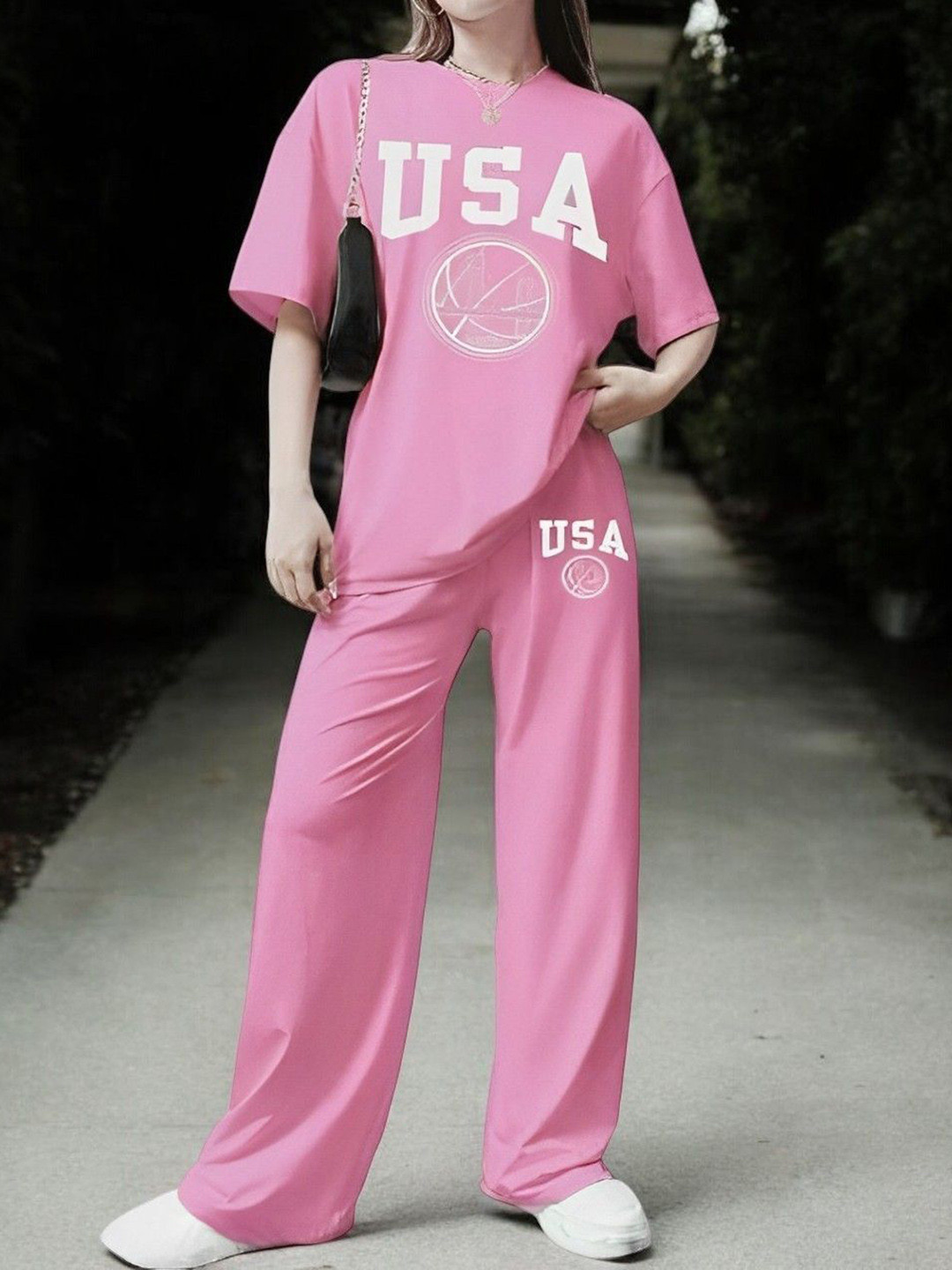 

My Swag Typography Printed Round Neck T-Shirt With Trousers, Pink