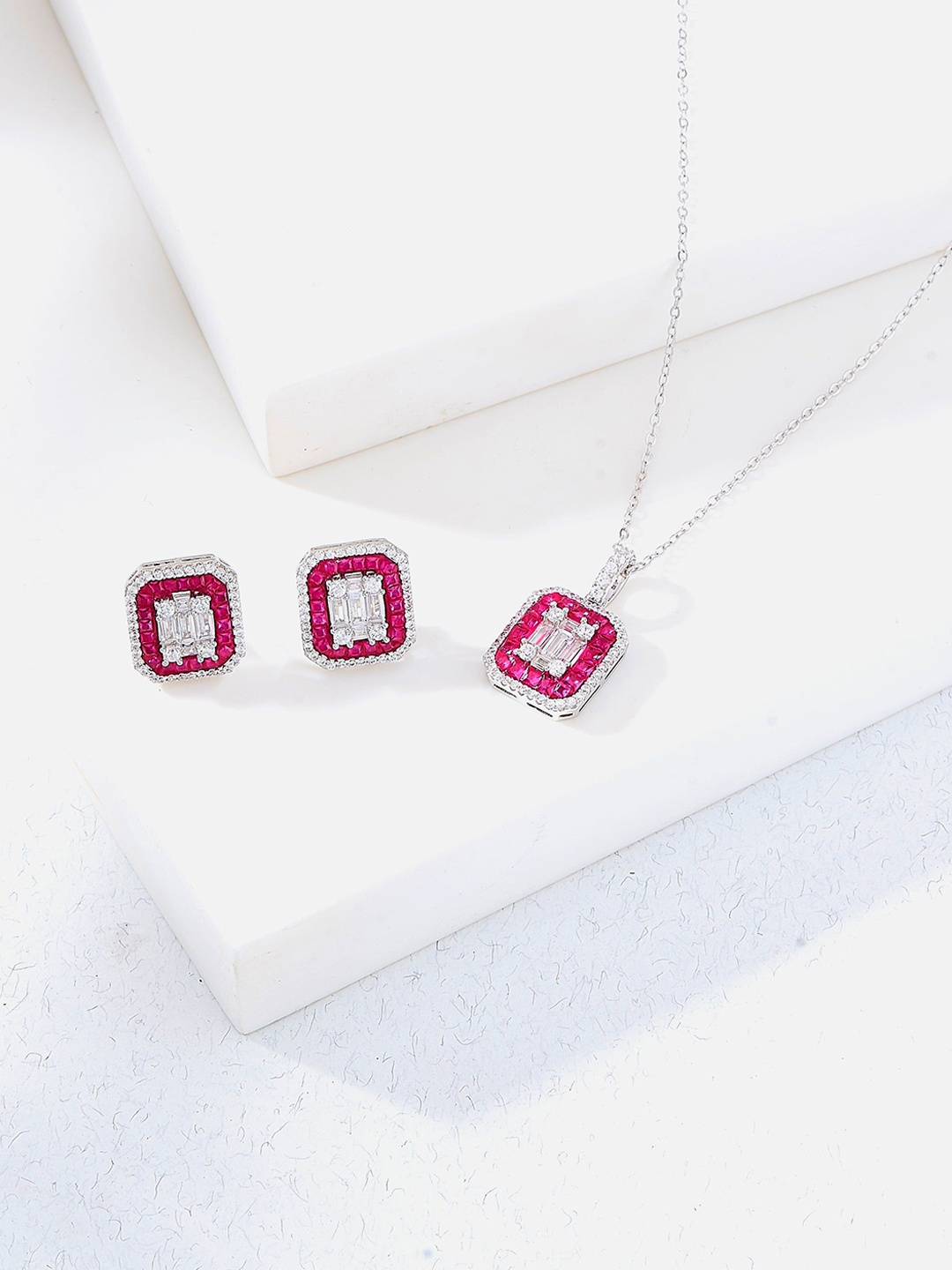 

Nipura 925 Sterling Silver Rhodium-Plated Cubic Zirconia Jewellery Set, Pink