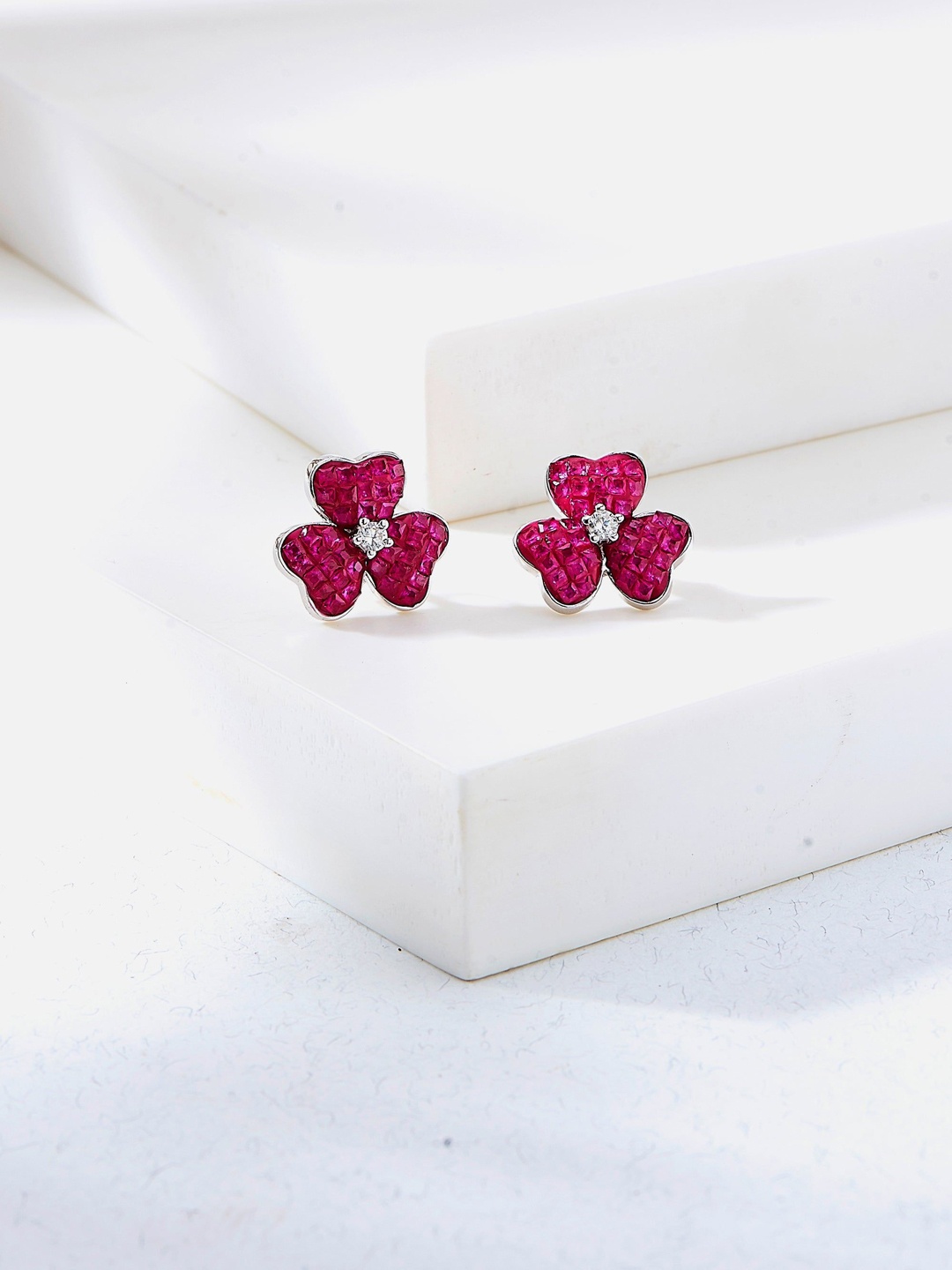 

Nipura Clover 925 Sterling Silver Rhodium-Plated Cubic Zirconia Studded Studs, Pink