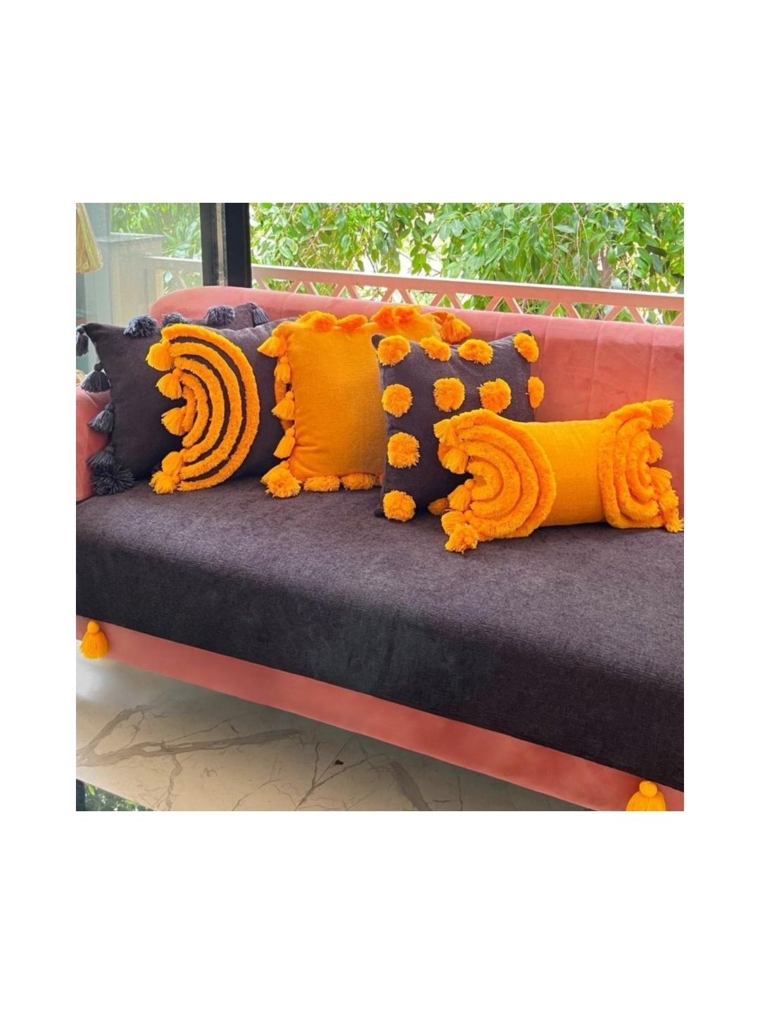 

THROWPILLOW Grey & Yellow 3-Seater Sofa Cover With Corner Tassels