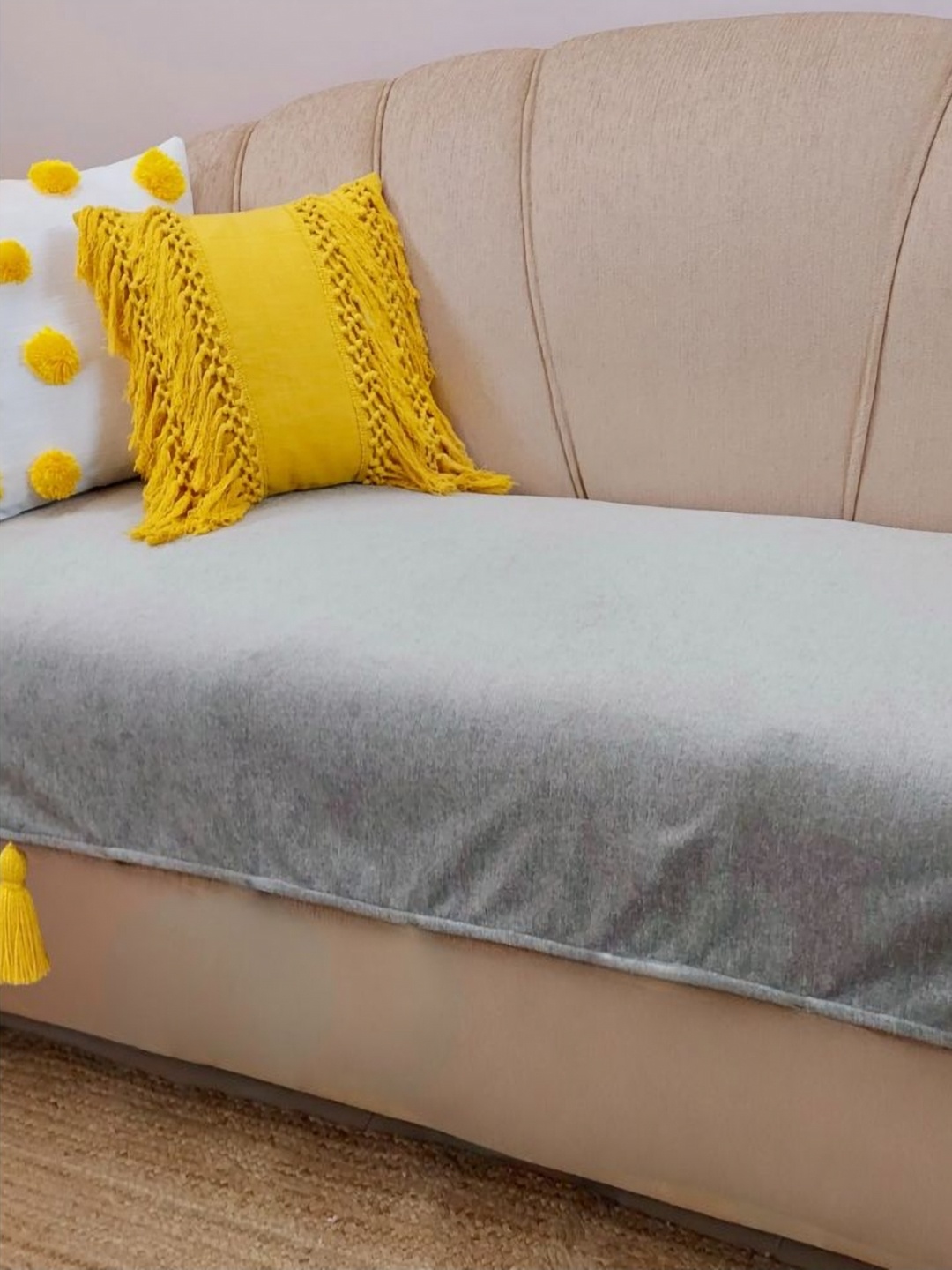 

THROWPILLOW Grey & Yellow 4 Seater Sofa Cover With Tassels