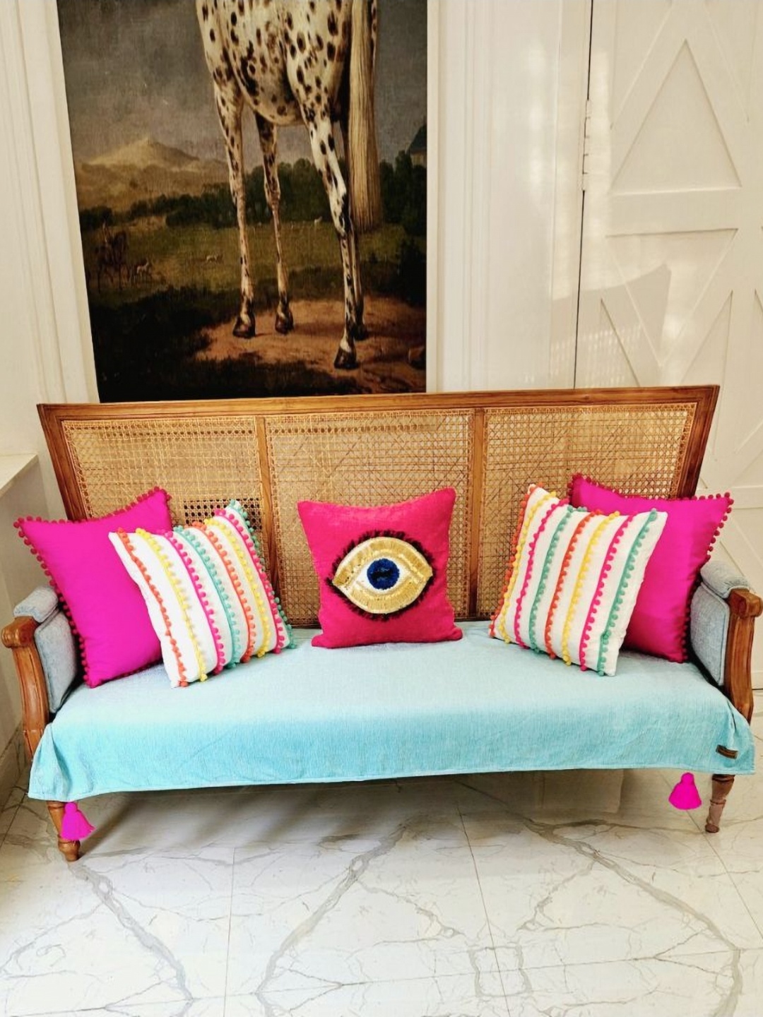 

THROWPILLOW Turquoise Blue & Magenta 2-Seater Sofa Cover With Corner Tassels
