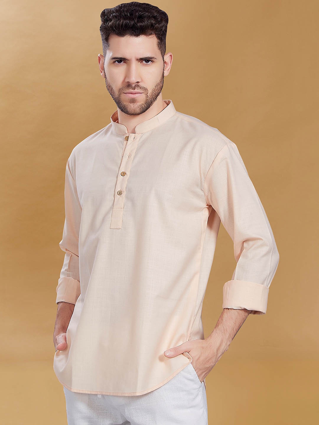 

DIVISIVE Men Mandarin Collar Straight Kurta, Peach