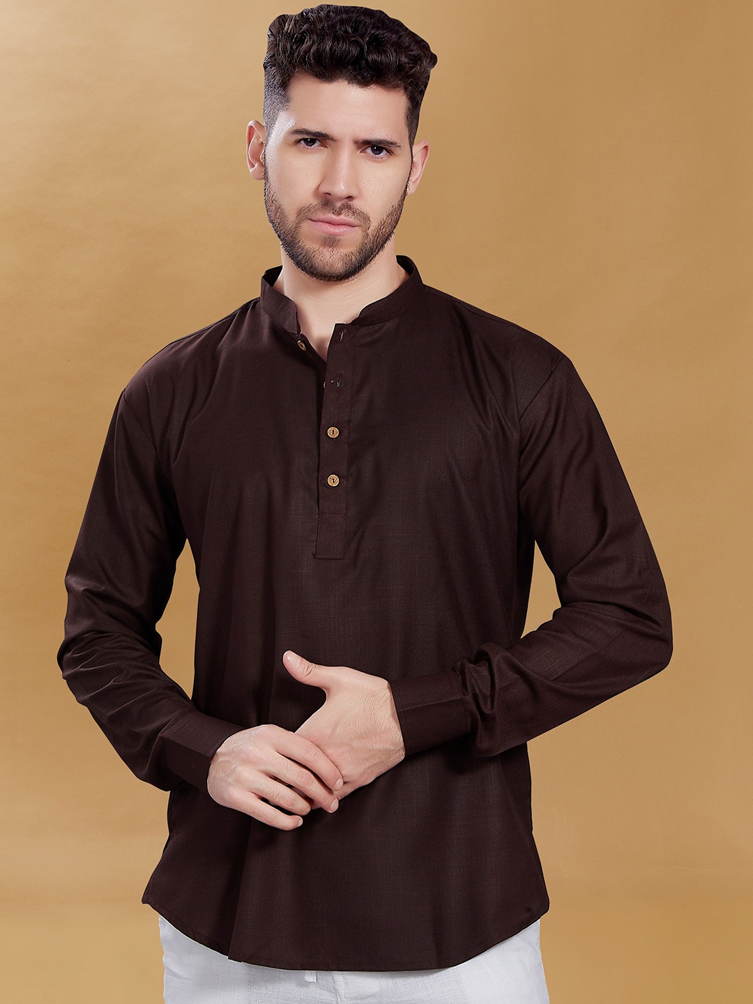 

DIVISIVE Men Mandarin Collar Straight Kurta, Coffee brown