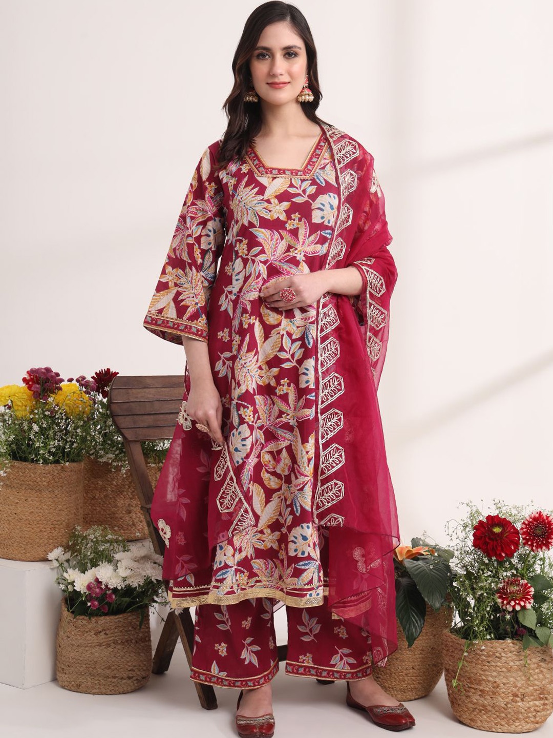 

Yufta Floral Printed Gotta Patti Pure Cotton A-Line Kurta with Trouser & Dupatta, Red