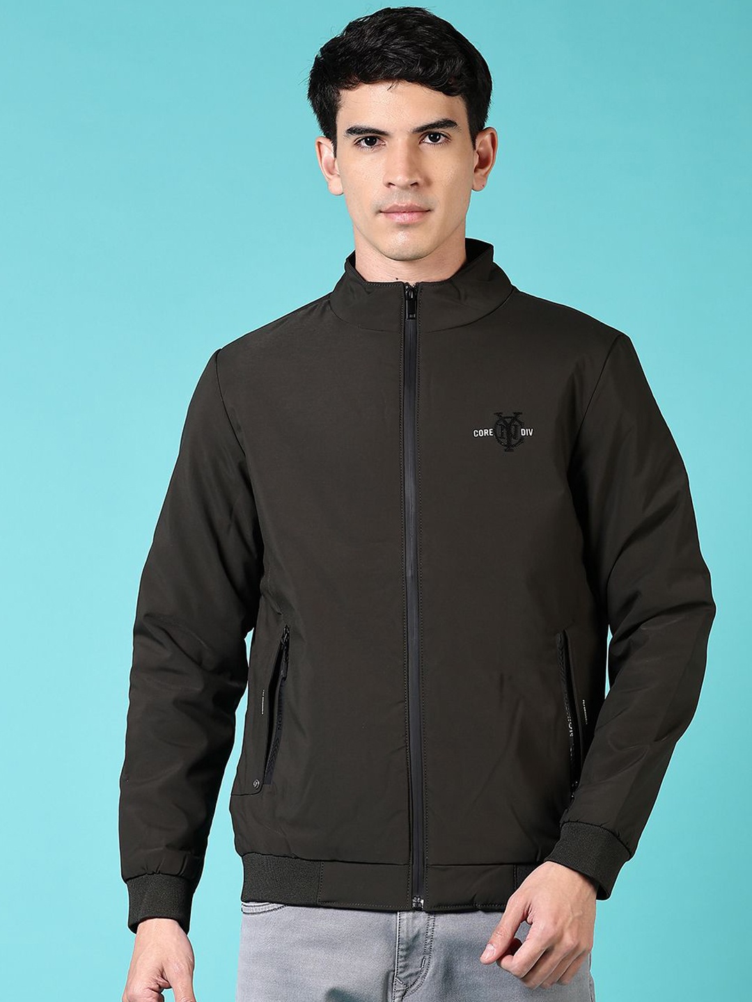 

V-Mart Men Mock Collar Solid Cotton Casual Bomber Jacket, Olive