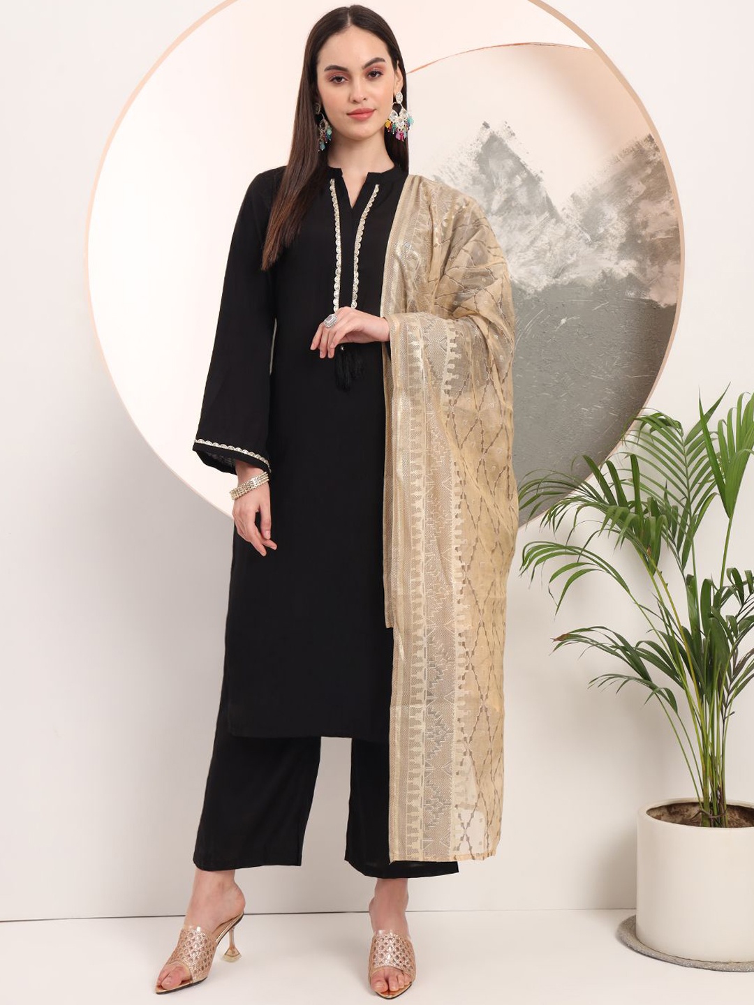 

Yufta Mandarin Collar Gotta Patti Straight Kurta with Palazzos & Dupatta, Black