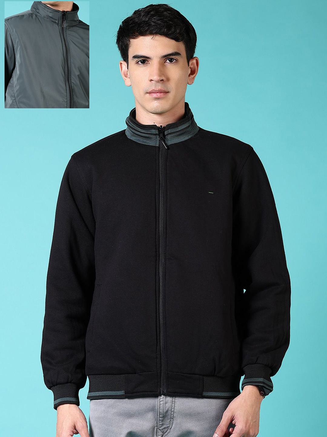 

V-Mart Men Mock Collar Solid Cotton Casual Reversible Bomber Jacket, Olive