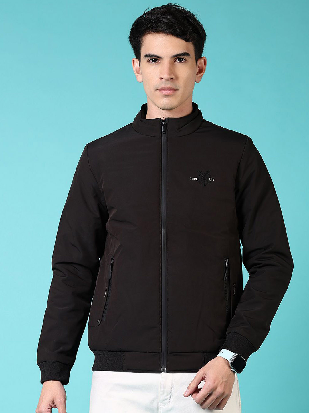 

V-Mart Men Mock Collar Solid Cotton Casual Bomber Jacket, Black