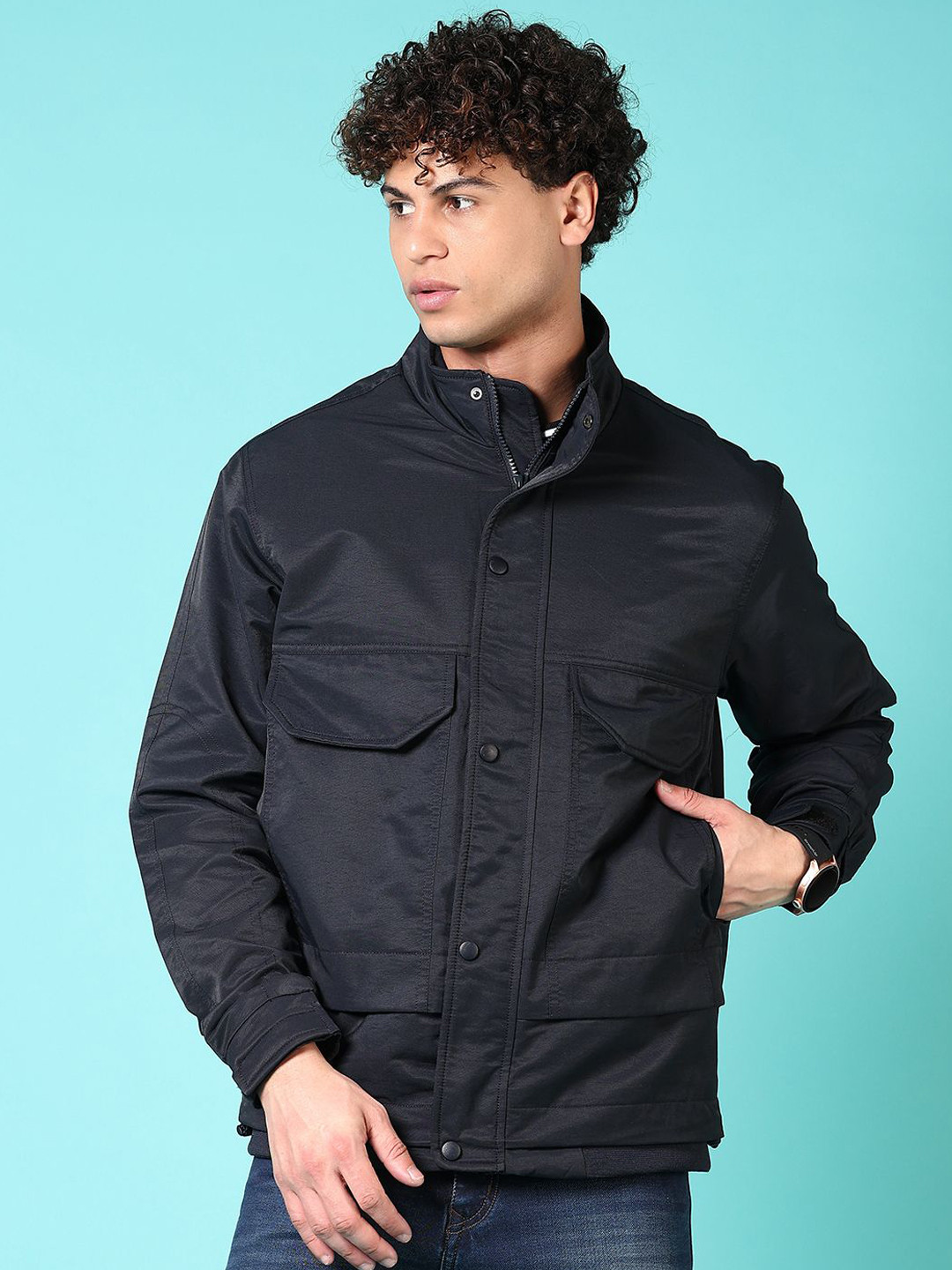 

V-Mart Men Mock Collar Solid Cotton Casual Tailored Jacket, Navy blue