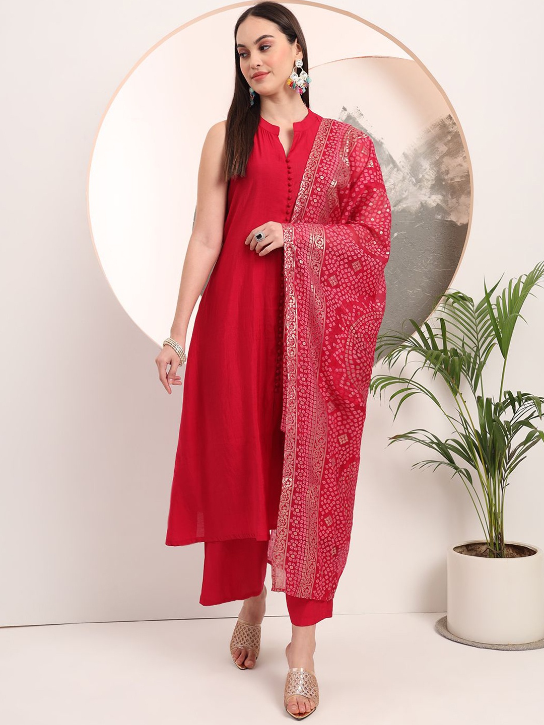 

Yufta Mandarin Collar Sleeveless A Line Kurta with Palazzos & Dupatta, Pink