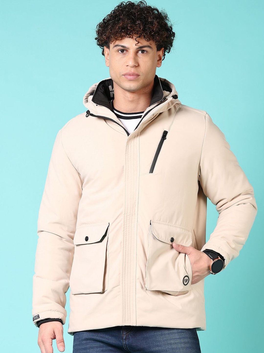 

V-Mart Men Hooded Solid Cotton Casual Tailored Jacket, Beige
