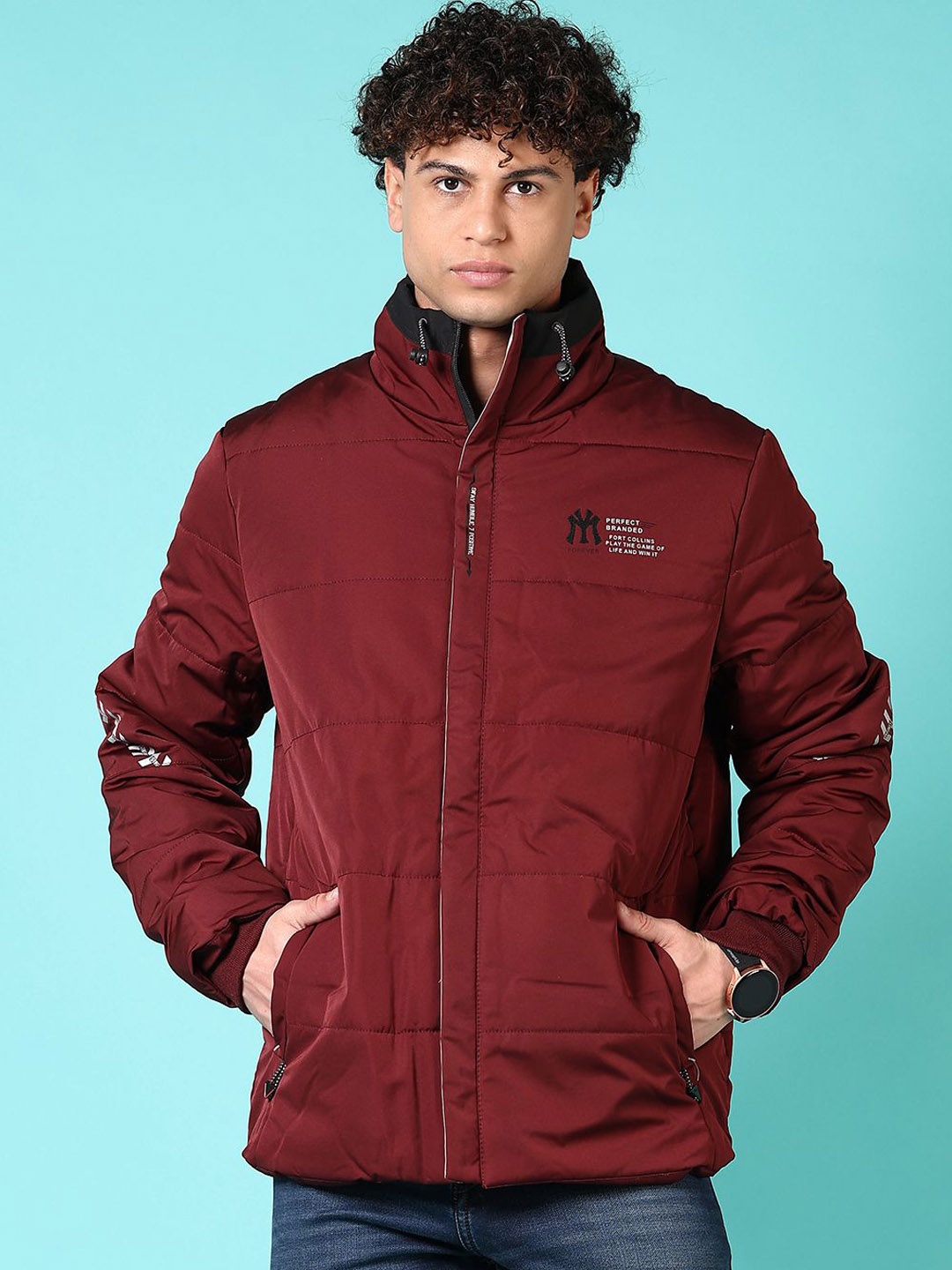 

V-Mart Men Mock Collar Typography Printed Cotton Casual Padded Jacket, Maroon