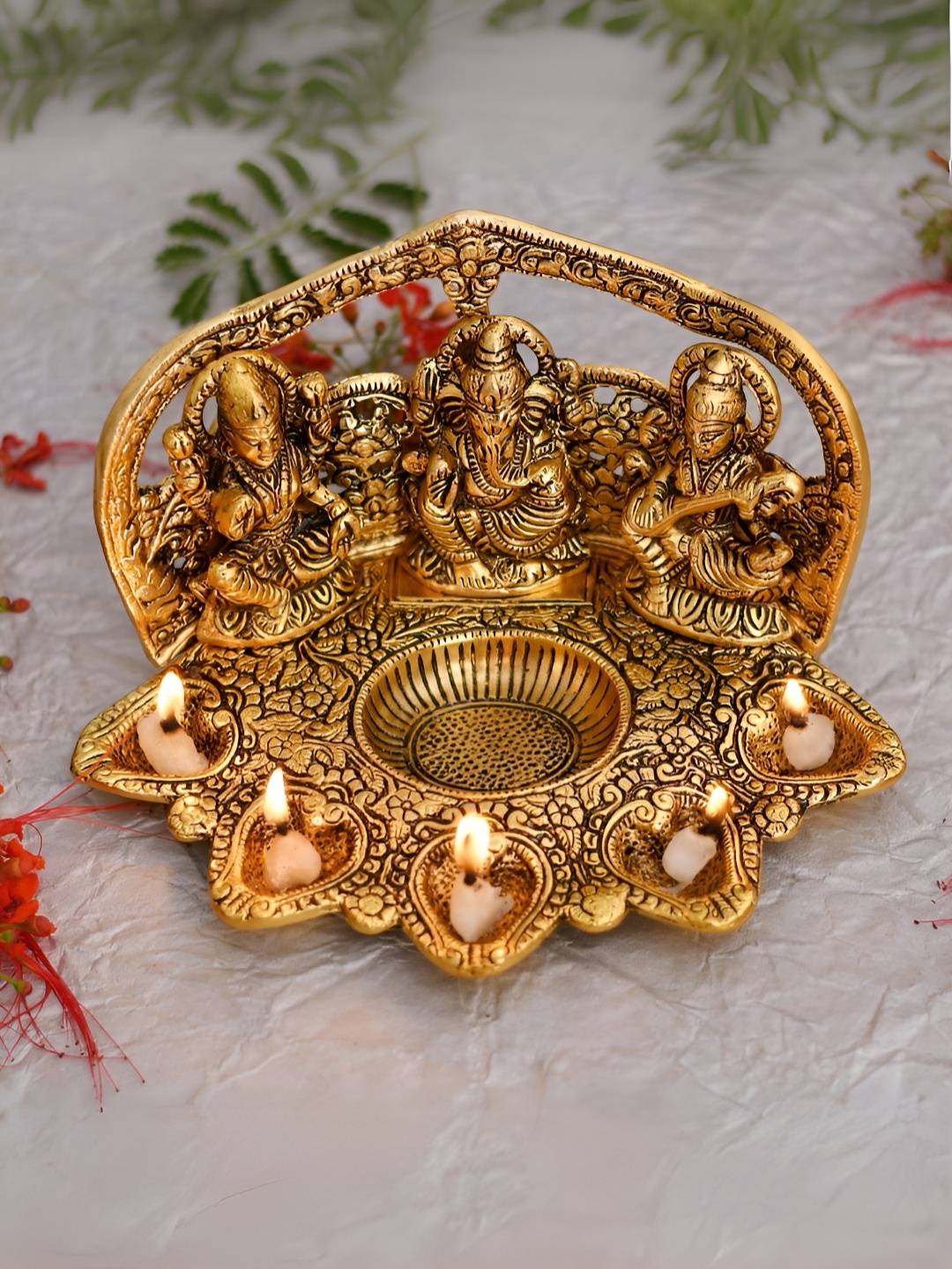 

CraftVatika Gold-Toned Textured Laxmi Ganesh Saraswati Idol Diya