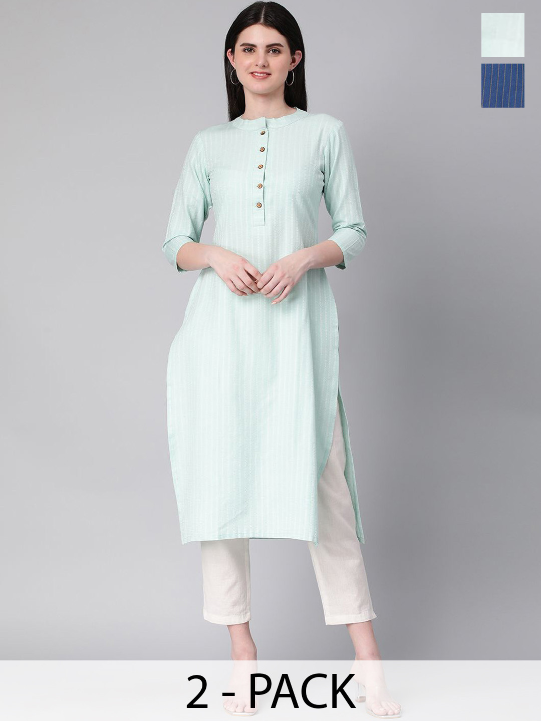 

KALINI Selection Of 2 Striped Mandarin Collar Straight Kurtas, Turquoise blue