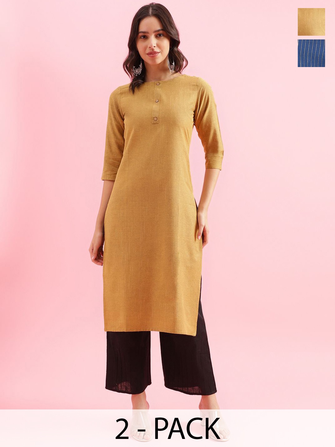 

KALINI Selection Of 2 Geometric Printed Mandarin Collar Straight Kurtas, Mustard