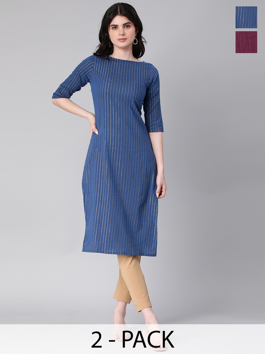 

KALINI Selection Of 2 Striped Round Neck Straight Kurtas, Blue