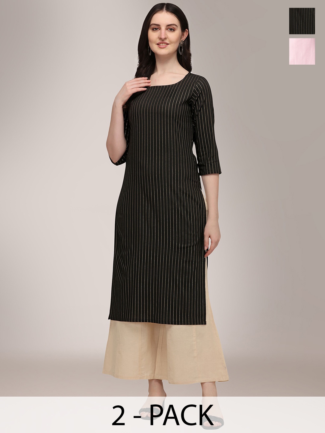 

KALINI Selection Of 2 Striped Thread Work Round Neck Straight Kurtas, Black