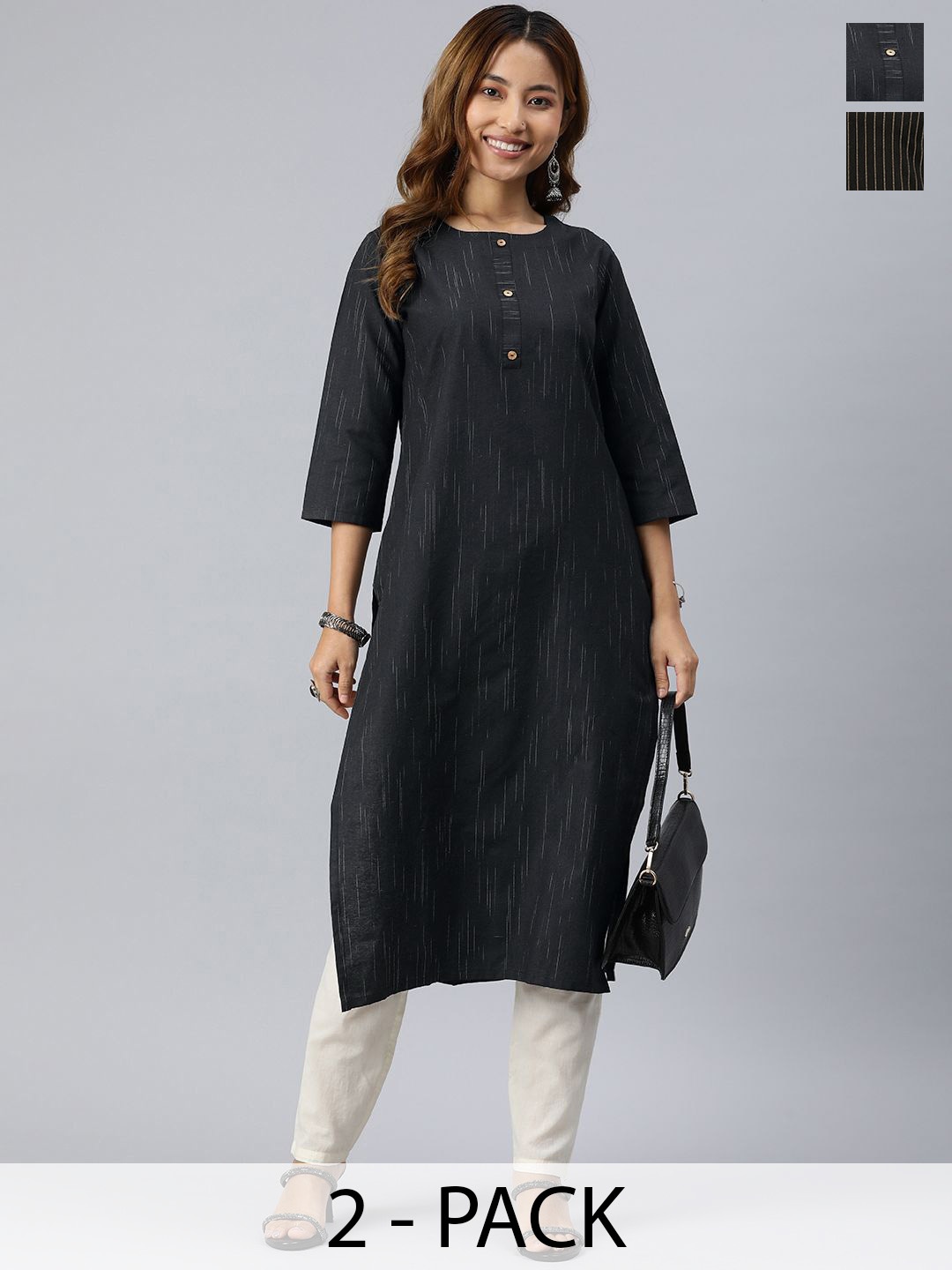 

KALINI Selection Of 2 Geometric Printed Round Neck Straight Kurtas, Black