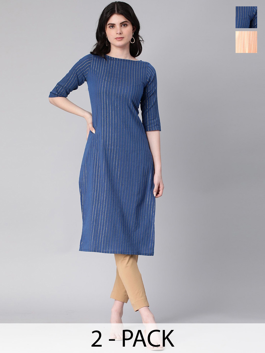 

KALINI Selection Of 2 Striped Thread Work Round Neck Straight Kurtas, Blue