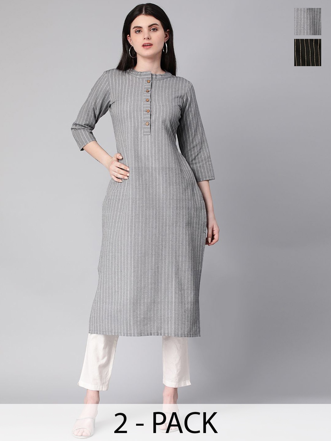

KALINI Selection Of 2 Striped Mandarin Collar Straight Kurtas, Grey