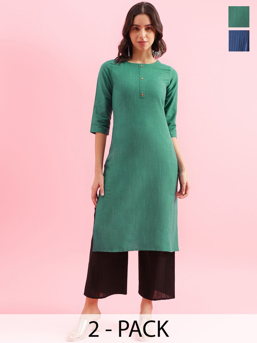 

KALINI Selection Of 2 Round Neck Straight Kurtas, Green