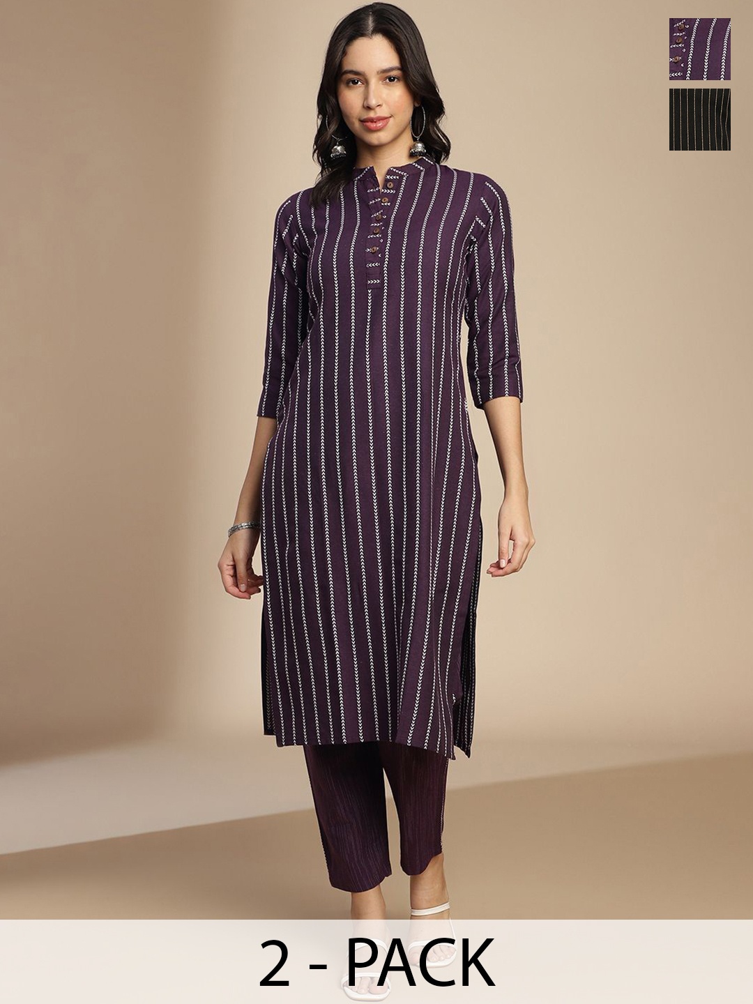 

KALINI Selection Of 2 Striped Mandarin Collar Straight Kurtas, Violet