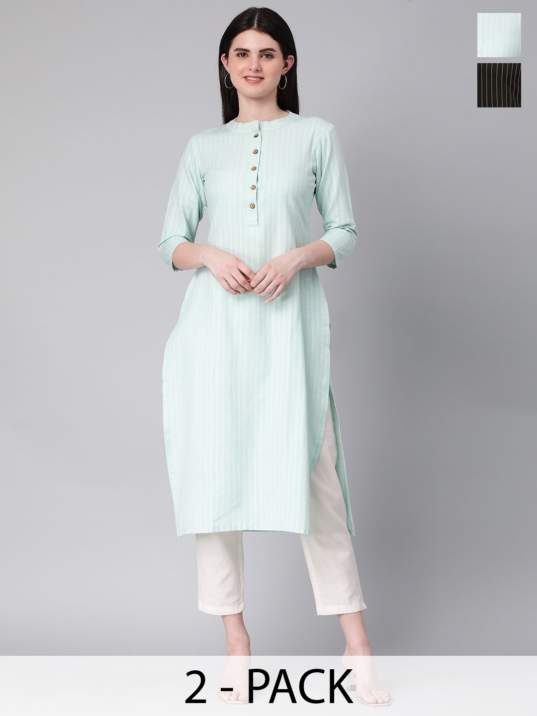 

KALINI Selection Of 2 Floral Printed Mandarin Collar Straight Kurtas, Turquoise blue