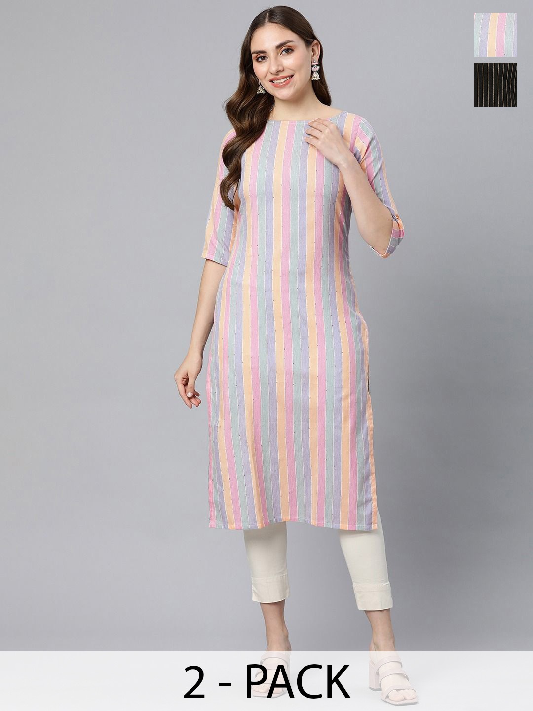 

KALINI Selection Of 2 Striped Sequence Round Neck Straight Kurtas, Pink