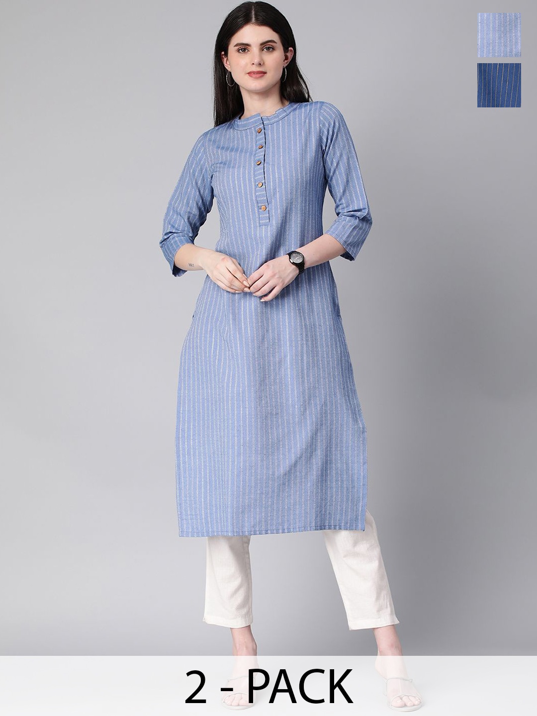 

KALINI Selection Of 2 Floral Printed Mandarin Collar Straight Kurtas, Blue