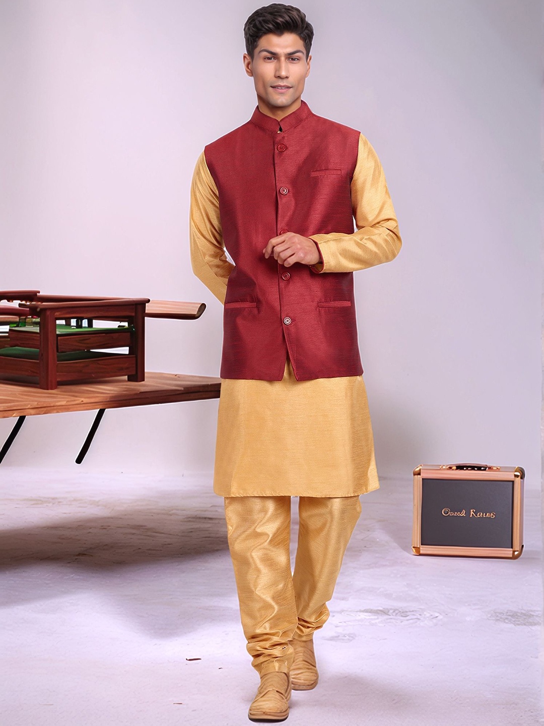 

Moda Rapido Woven Design Mandarin Collar Straight Kurta With Pyjamas & Nehru Jacket, Mustard