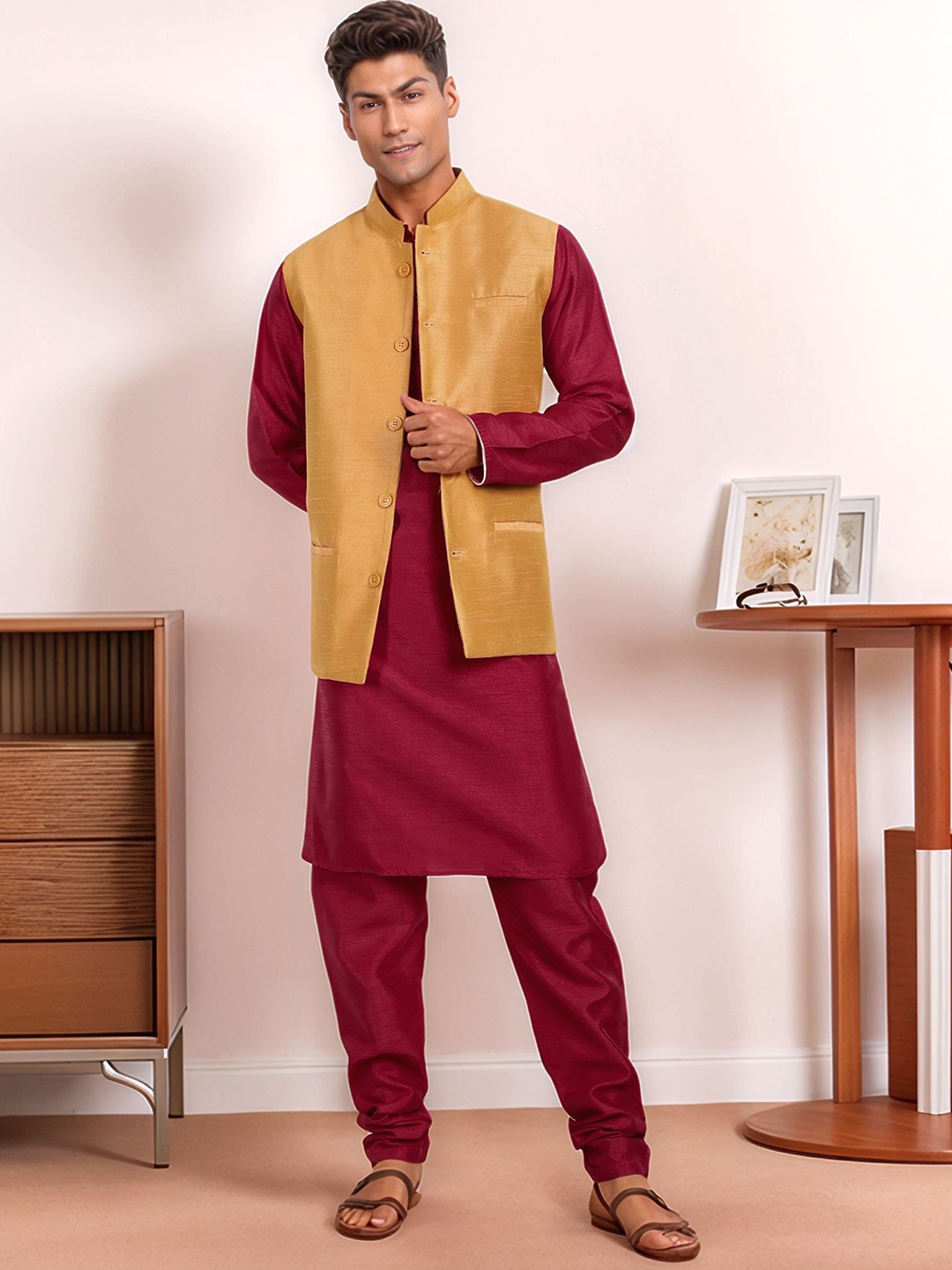 

Moda Rapido Woven Design Mandarin Collar Straight Kurta With Pyjamas & Nehru Jacket, Gold