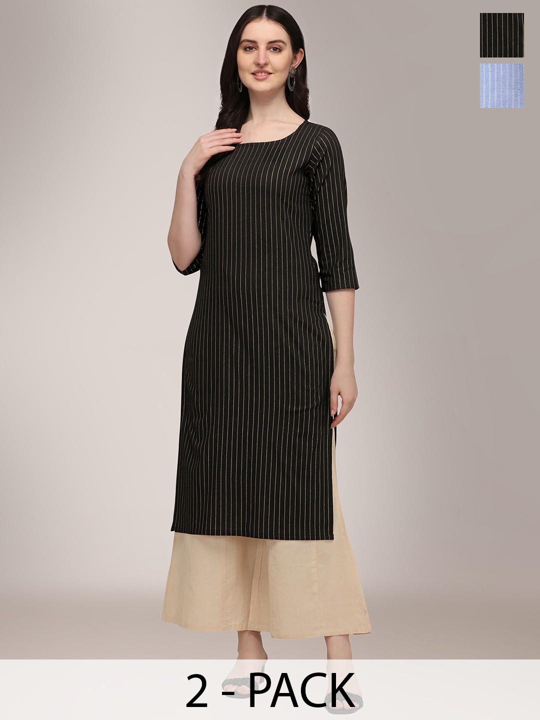 

KALINI Selection Of 2 Striped Thread Work Round Neck Straight Kurtas, Black