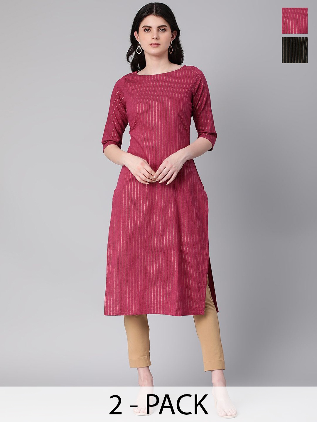 

KALINI Selection Of 2 Striped Round Neck Straight Kurtas, Maroon