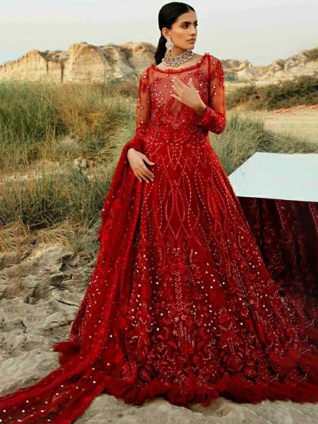 

REET MAHAL Floral Embroidered Mirror Work Unstitched Dress Material, Red