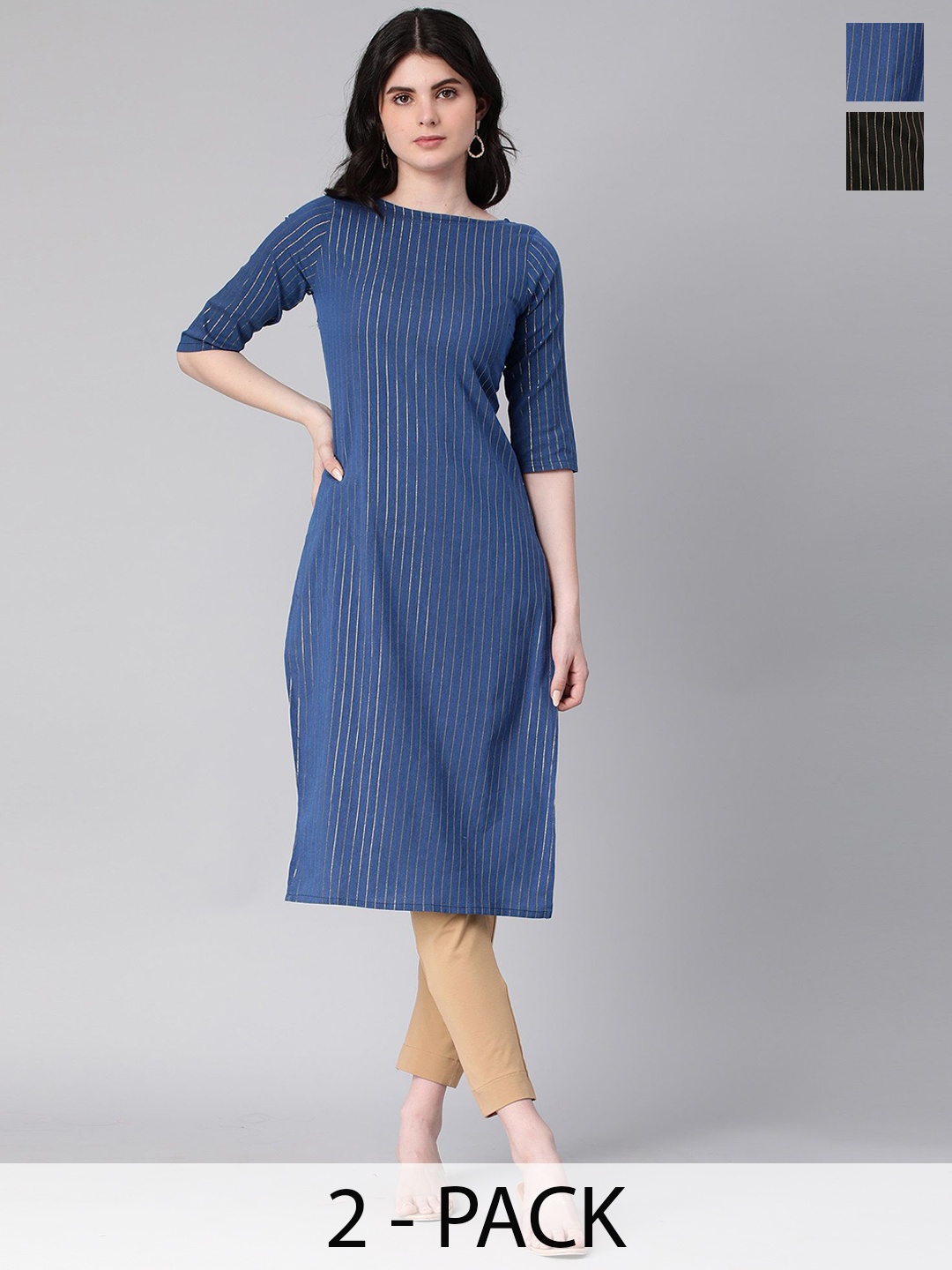 

KALINI Selection Of 2 Striped Boat Neck Straight Kurtas, Blue