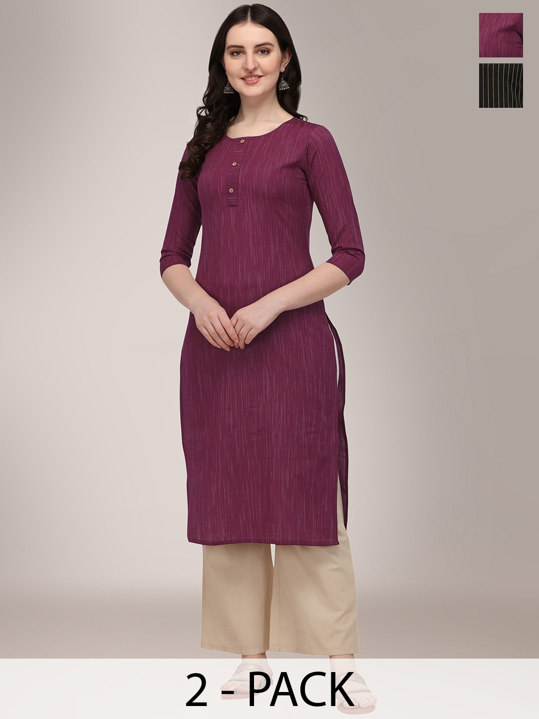 

KALINI Selection Of 2 Striped Round Neck Straight Kurtas, Maroon